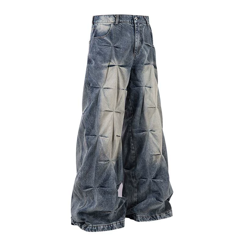 Модные американские плиссированные винтажные расклешенные джинсы для мужчин, новые ретро свободные длинные брюки