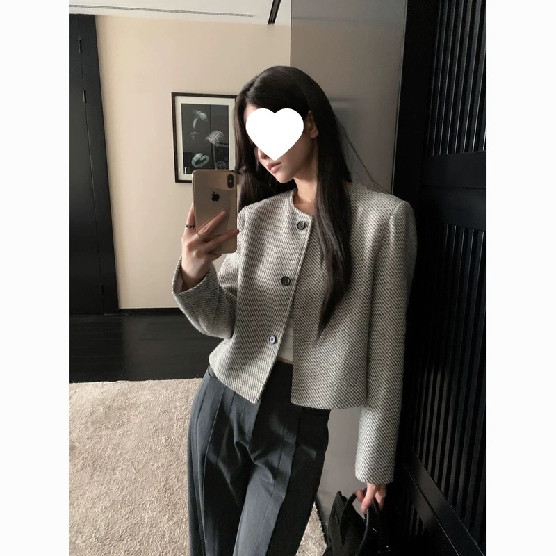春秋新款复古圆领单排扣上衣女条纹宽松小香风外套女年轻简约时尚|undefined