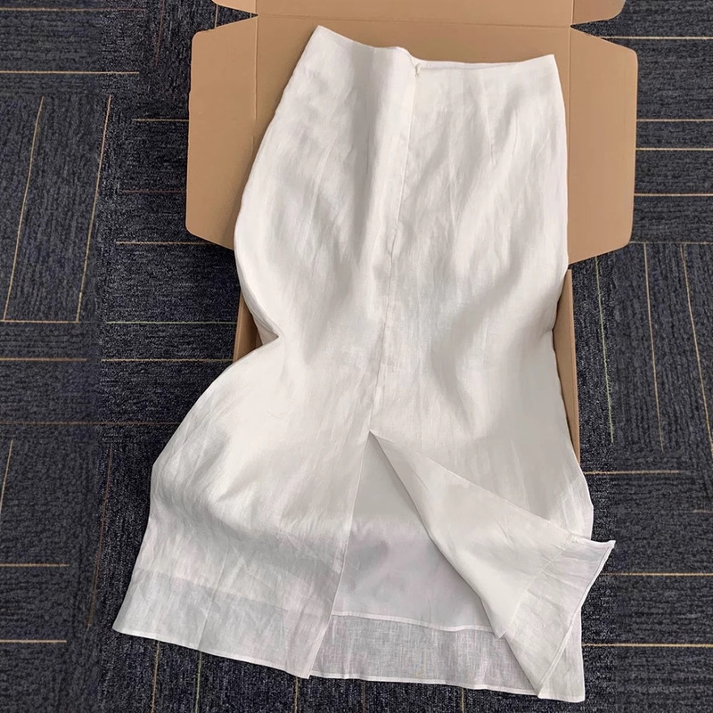 Wall crack recommend! Old Qian Style Simple Lazy White Linen Skirt Women's French Style High Waist Split Straight Skirt Wall crack recommend! Old Qian Style Simple Lazy White Linen Skirt Women's French Style High Waist Split Straight Skirt