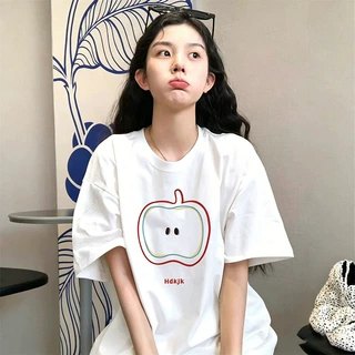 跨境短袖上衣韩系可爱日常百搭宽松图案印花T恤休闲圆领女装短袖T
