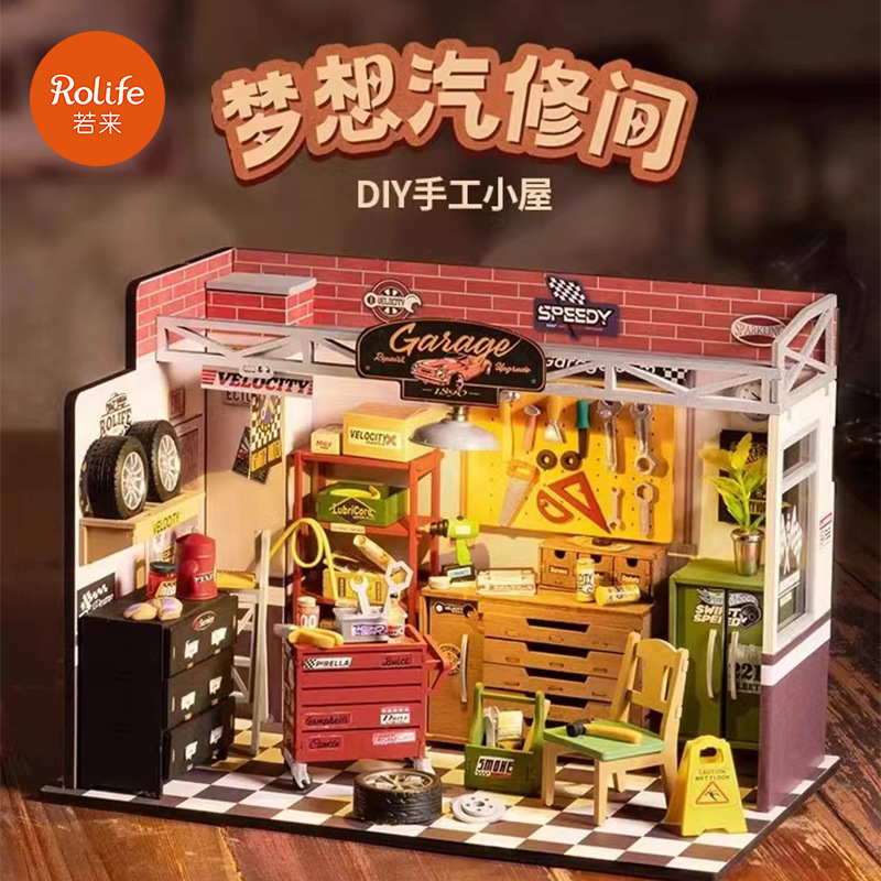 Rollife Ruo Lai Dream Auto Repair Room Diy Cottage Modelo hecho a mano Casa pequeña Escena en miniatura Bloques de construcción Juguetes