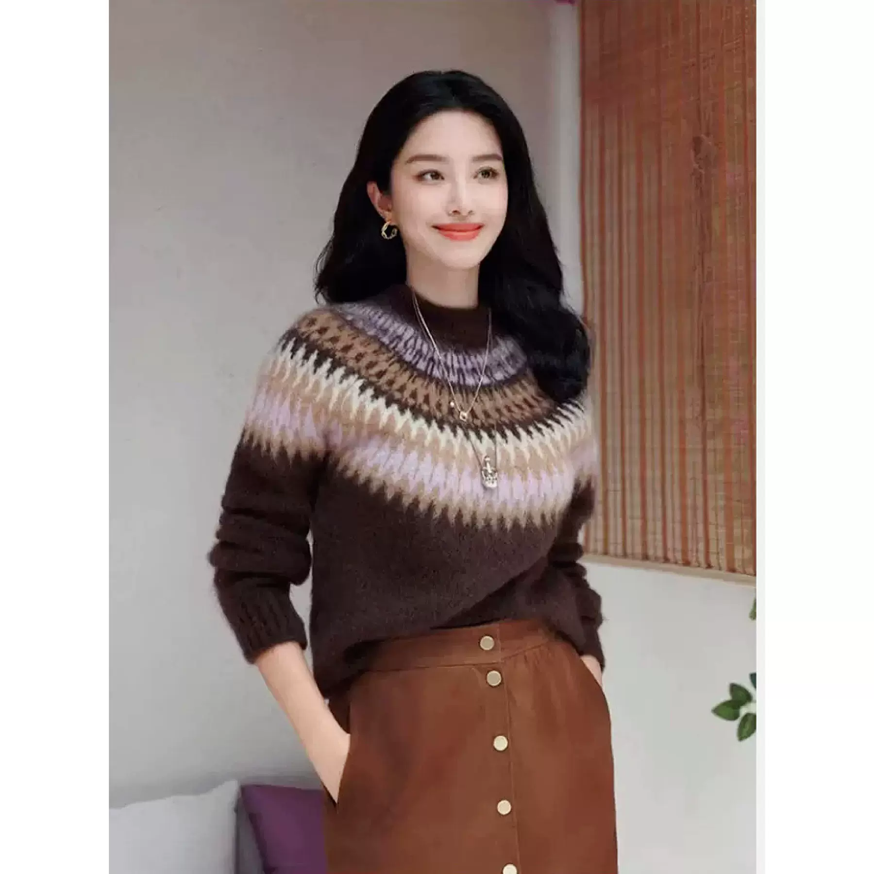 四媛费尔岛提花羊毛马海毛混纺针织衫慵懒高级感毛衣女25秋冬1069