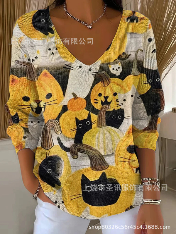 欧美跨境独立站新款3D印花女士时尚渐变色V领长袖T恤上衣|undefined