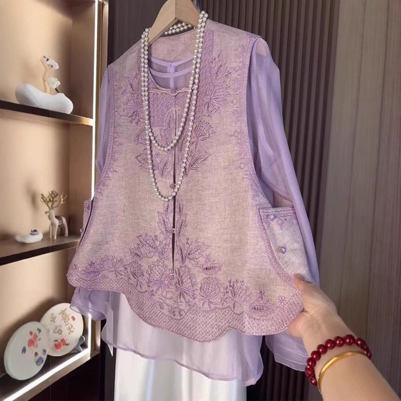 In Stock 2025 Autumn Style Beautiful New Chinoiserie Exquisite Jacquard Embroider Purple Vest Light Sun Protection Shirt Suit for Women