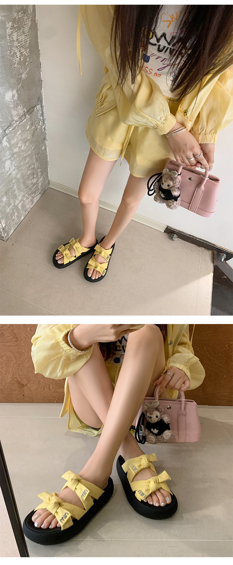 Dép sandal nữ quai chữ V đế dày nơ bướm phong cách bánh mì mềm mại — Màu trắng be, Màu vàng chi tiết 12