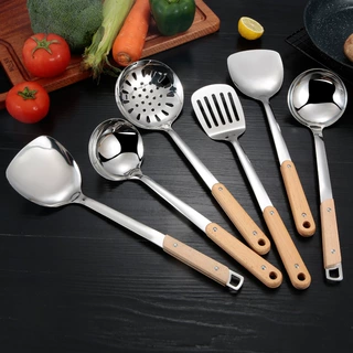 不锈钢锅铲汤勺漏勺家用厨房用品厨具木柄火锅勺炒菜烹饪铲勺铲子