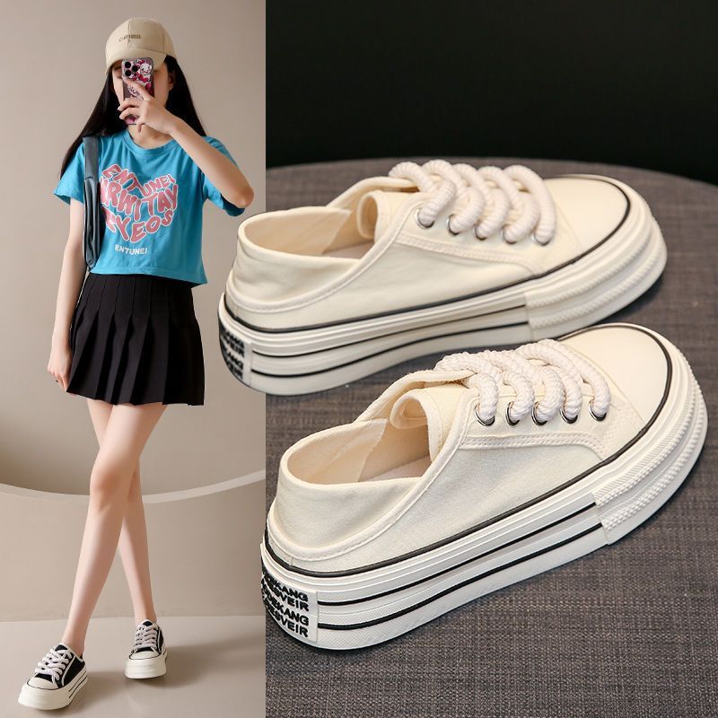 2025 Summer New Thick-Soled Height-Increasing Two-Way White Sneakers for Women, Versatile Breathable Slip-On Student Canvas Shoes, Casual Women's Shoes 2025 Summer New Thick-Soled Height-Increasing Two-Way White Sneakers for Women, Versatile Breathable Slip-On Student Canvas Shoes, Casual Women's Shoes
