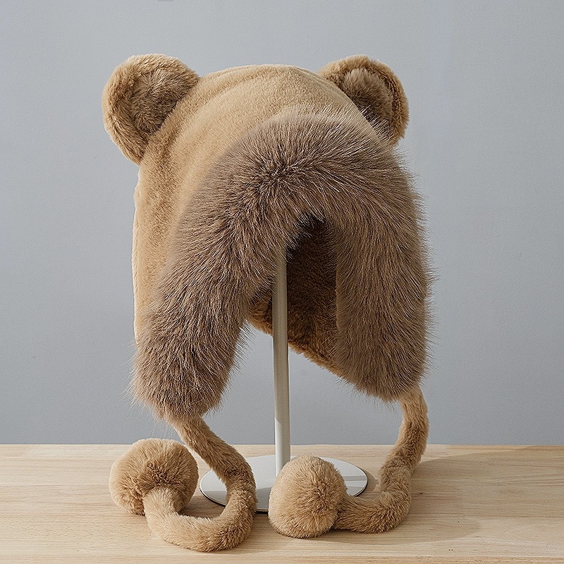 帽子女性の冬のかわいいクマの耳ぬいぐるみ帽子暖かい耳保護帽子プラスベルベット防風ウールボール帽子冬の新スタイル