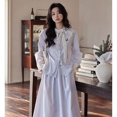 2025新款春秋韩系学院风气质时尚小众蓝色条纹衬衫半身裙套装女