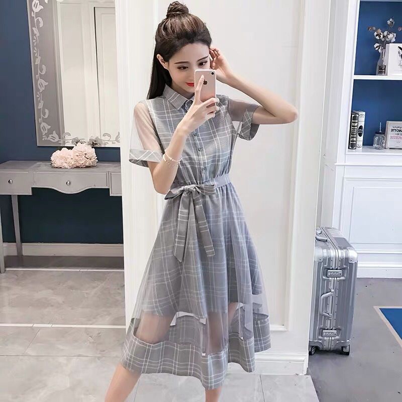 2023新夏款文艺小清新复古格子网纱连衣裙女仙女裙中长款学生长裙