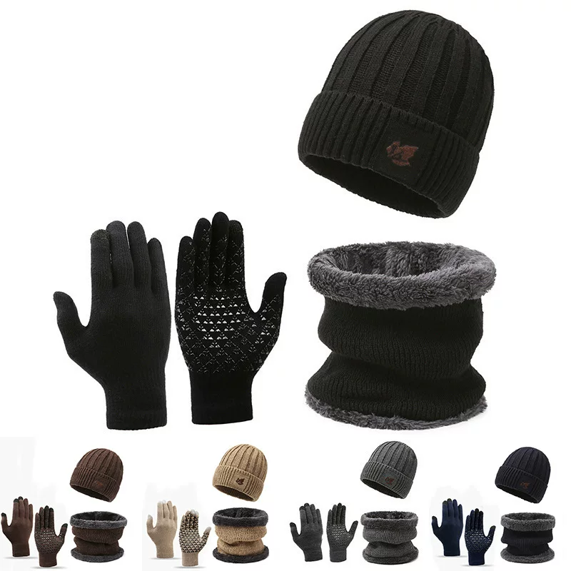 Knitted hat and neck warmer set unisex, 3‑piece with gloves, fleece‑lined, warm winter