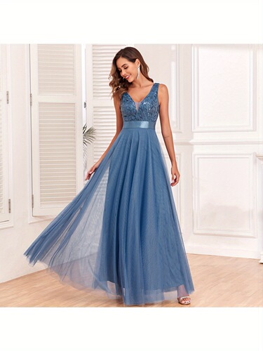 Sequined V Neck Maxi Dress Elegant Sleeves Bridesmaid