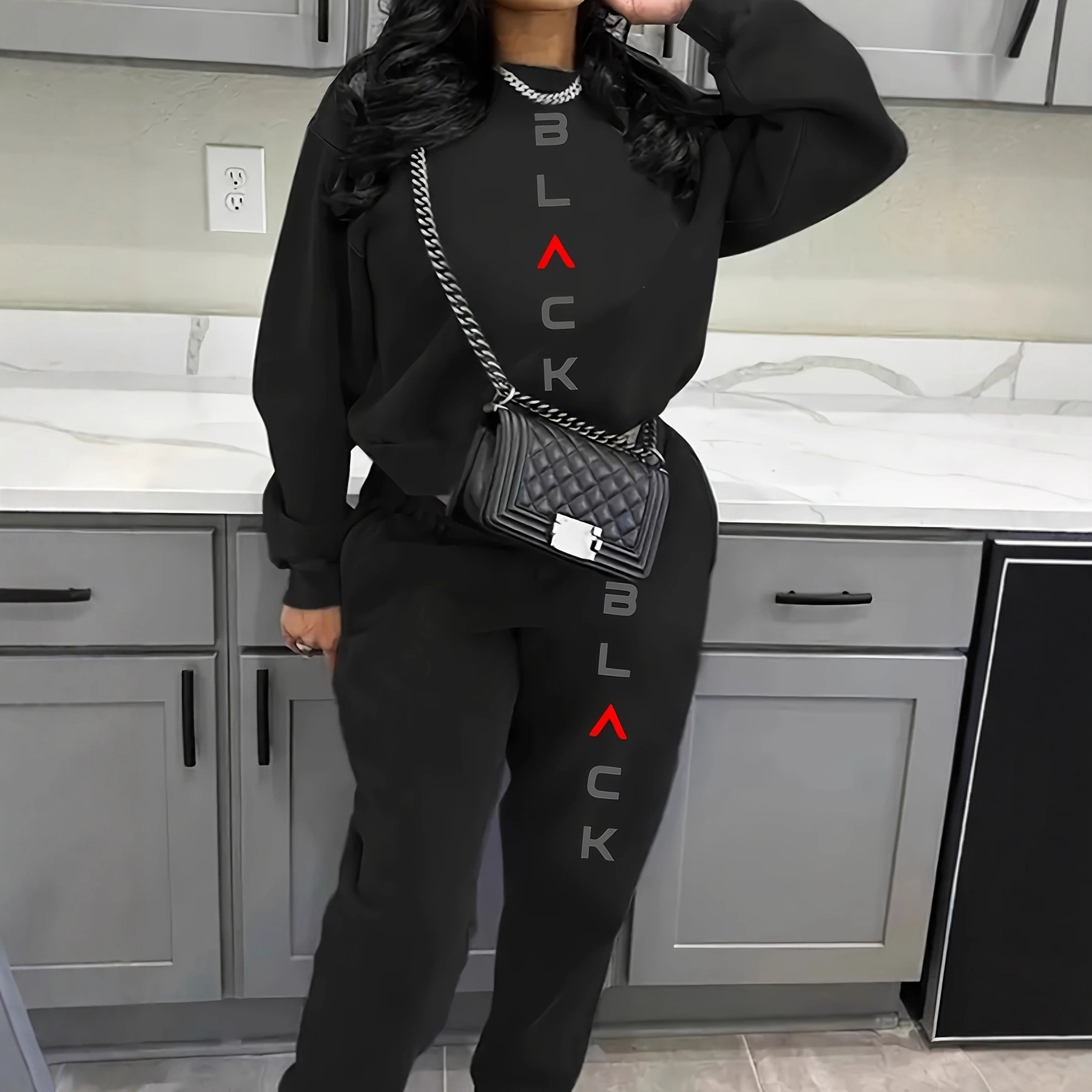 Women's Clothing Women's Fleece Lined Sweatshirt Set Style Two Piece Crew Neck Casual Printed Sweatshirt_ecoleips.com