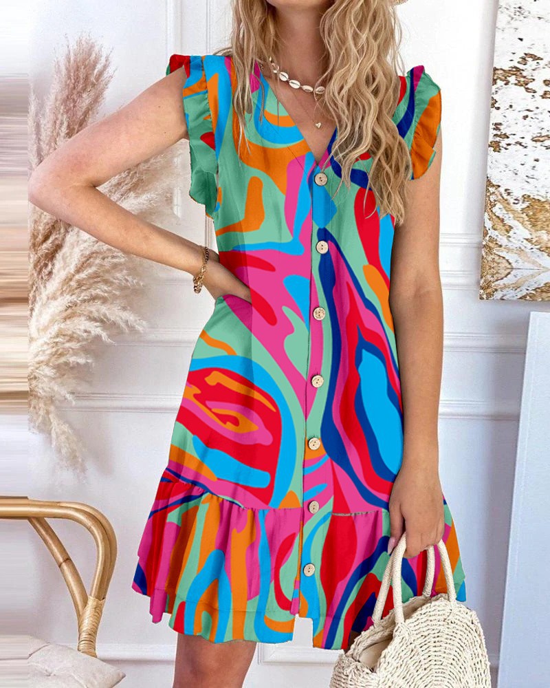 182g Weight Knee-Length Dress Length Type Sleeveless Sleeve Length Princess Dress Dresses Type Flounce Sleeve Sleeve Type Polyester Fabric Type Mid Waist Waist Line Daily Occasion V Neck Neckline Regular Fit Fit Type Flower Pattern Summer Season Women'S Gender Printing, Button Design Vacation Style Wholesale Women'S Vacation Printing Button Flower Daily V Neck Sleeveless Princess Dress