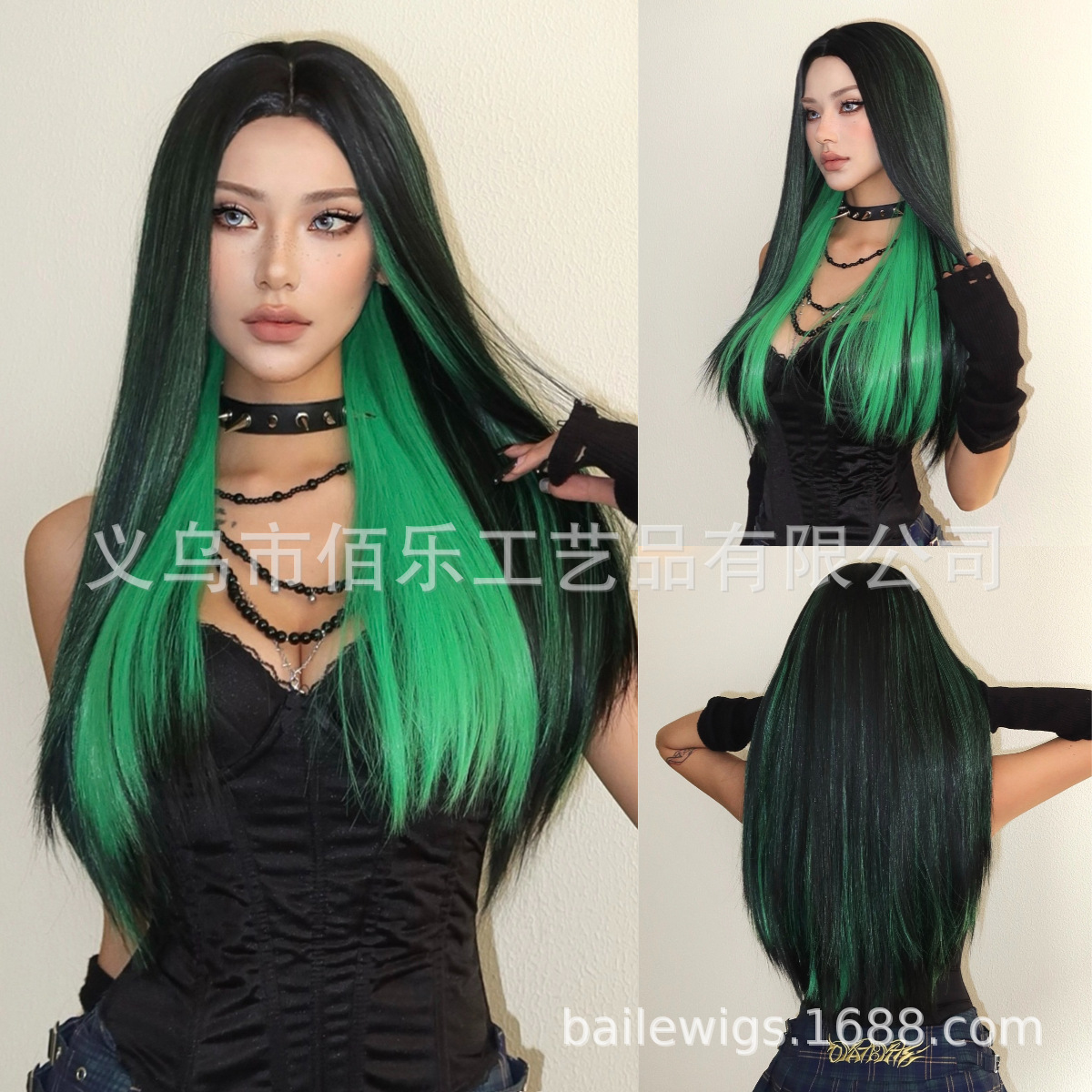 Nuevo negro teñido verde pelucca de cabello recto largo largo completo cubierta de cabeza festivales cos en stock al por mayor peluccas