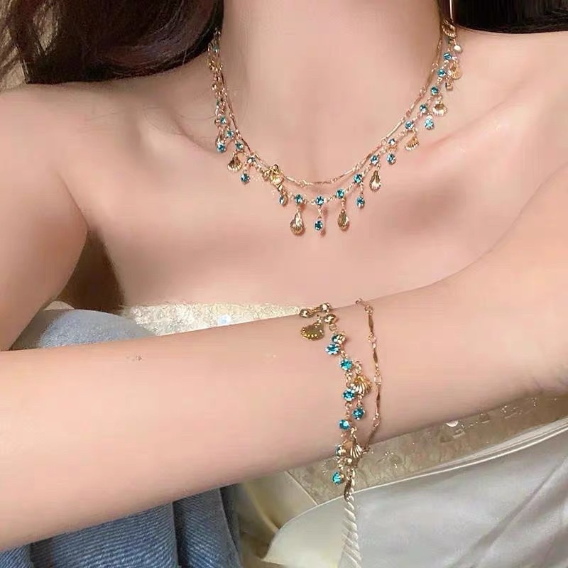 海的女兒藍色鋯石金色貝殼項鍊百搭手鍊小眾設計輕奢高級感
