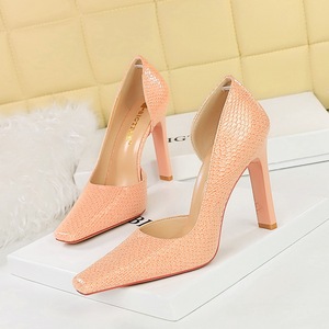 3275-5 Vintage European and American Snake Pattern Lacquer Leather High Heels with Thick Heels, Shallow Mouth Square Hea