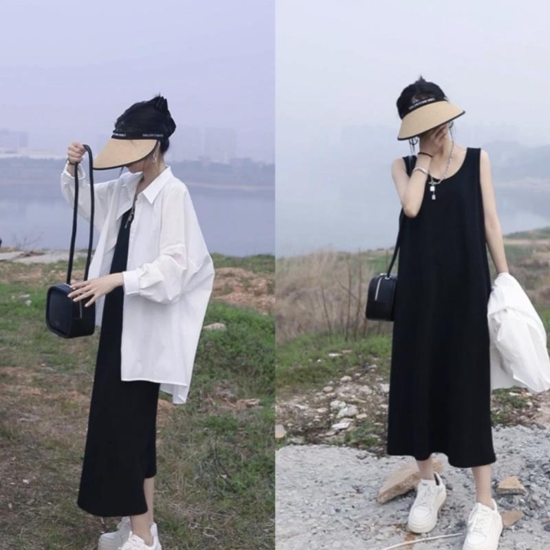 Loose Midi Vest dress suit Women's Summer New Vacation Style Anti-Sunscreen Shirt with Sling Long Dress