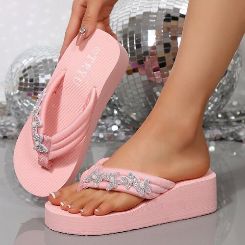 Stylish Platform Sandals with Buckle, Women's 2025 Summer High-Heeled Slip-On Beach Shoes with Water Diamond Design