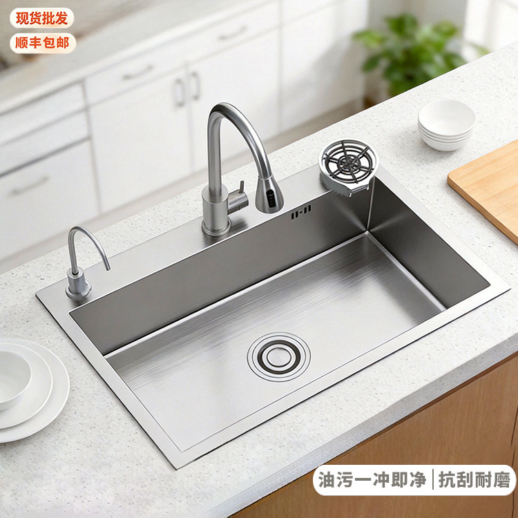 Stainless steel thickened kitchen sink, single basin, integrated hand-washing sink, hand-brushed finish, deepened large single sink Stainless steel thickened kitchen sink, single basin, integrated hand-washing sink, hand-brushed finish, deepened large single sink