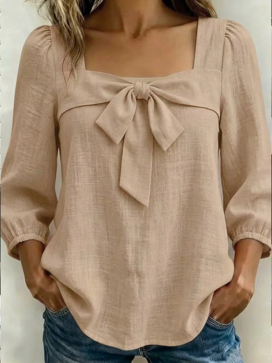 Women's Clothing Women's Style Square Neck Blouse Bow Tie Top Puff Sleeves Three Quarter Length Elegant Outfit_ecoleips.com