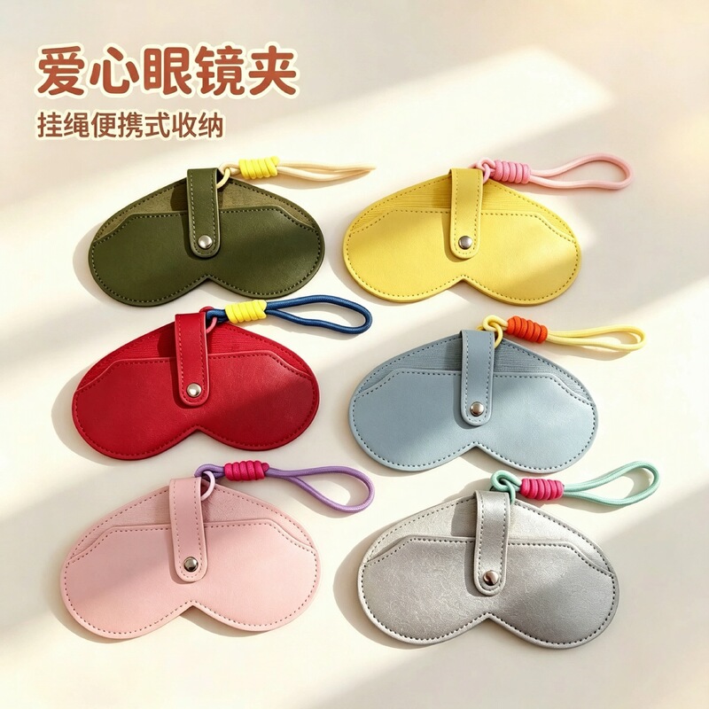 Heart-shaped portable magnetic eyeglass clip leather storage bag, sunglasses protective case, ins-style with hanging strap Heart-shaped portable magnetic eyeglass clip leather storage bag, sunglasses protective case, ins-style with hanging strap