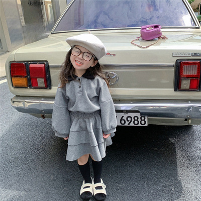 童装2023春夏新品韩版女童polo领黑色翻领蛋糕裙针织两件套套装|ru