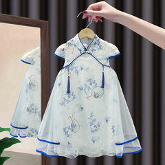 Little Girl Dress Summer Hanfu Qipao Children's Princess Dress Retro Chinese Style Tang Suit Blue and White Porcelain June 1st Performance Costume