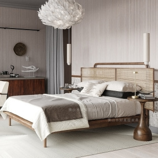 1.5m Double Rattan Bed Rattan Bed Solid Wood Scandinavian Japanese Oak Bed Modern Minimalist Bedroom Wabi-Sabi Style