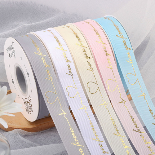 Gold foil woven floral gift box ribbon for birthday cake, letter band print satin ribbon 2.5cm