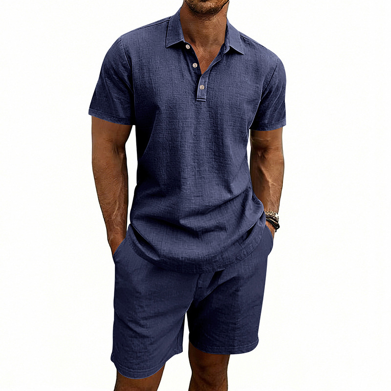 Ensemble polo et short de plage décontractés en lin, style américain, pour homme, idéal pour l'été, les vacances et les trajets quotidiens. Grandes tailles disponibles. Coupe ample. Polo à revers simple et coupe simple._voghion.com
