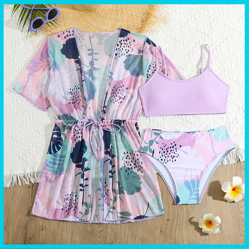 Dreiteiliger Kinder-Badeanzug mit Print, Bikini-Cover-Up von Huludao für Mädchen im Alter von 3-7 Jahren_voghion.com