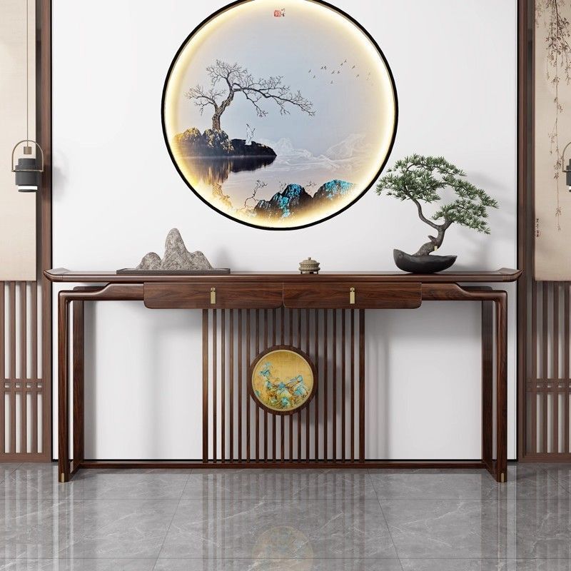 New Chinese-Style Solid Wood Ebony Wood Console Table for Entryway, Wall-Mounted Living Room Luxury Side Table, Entryway Table