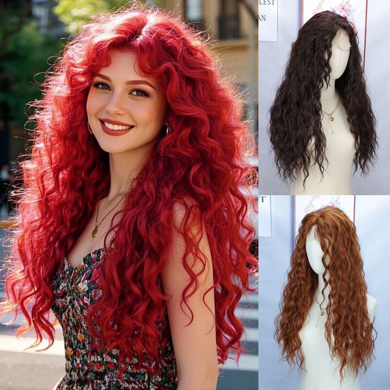 European and American Wigs Mermaid Princess Red Long Curly Hair Lace Scalp Full Hat Wig Korean Wool Long Curly Hair