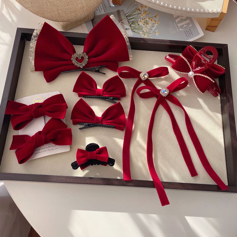 Internet celebrity New Year red bow ribbon hairpin elegant girl side clip top clip bridal boutique hair accessories