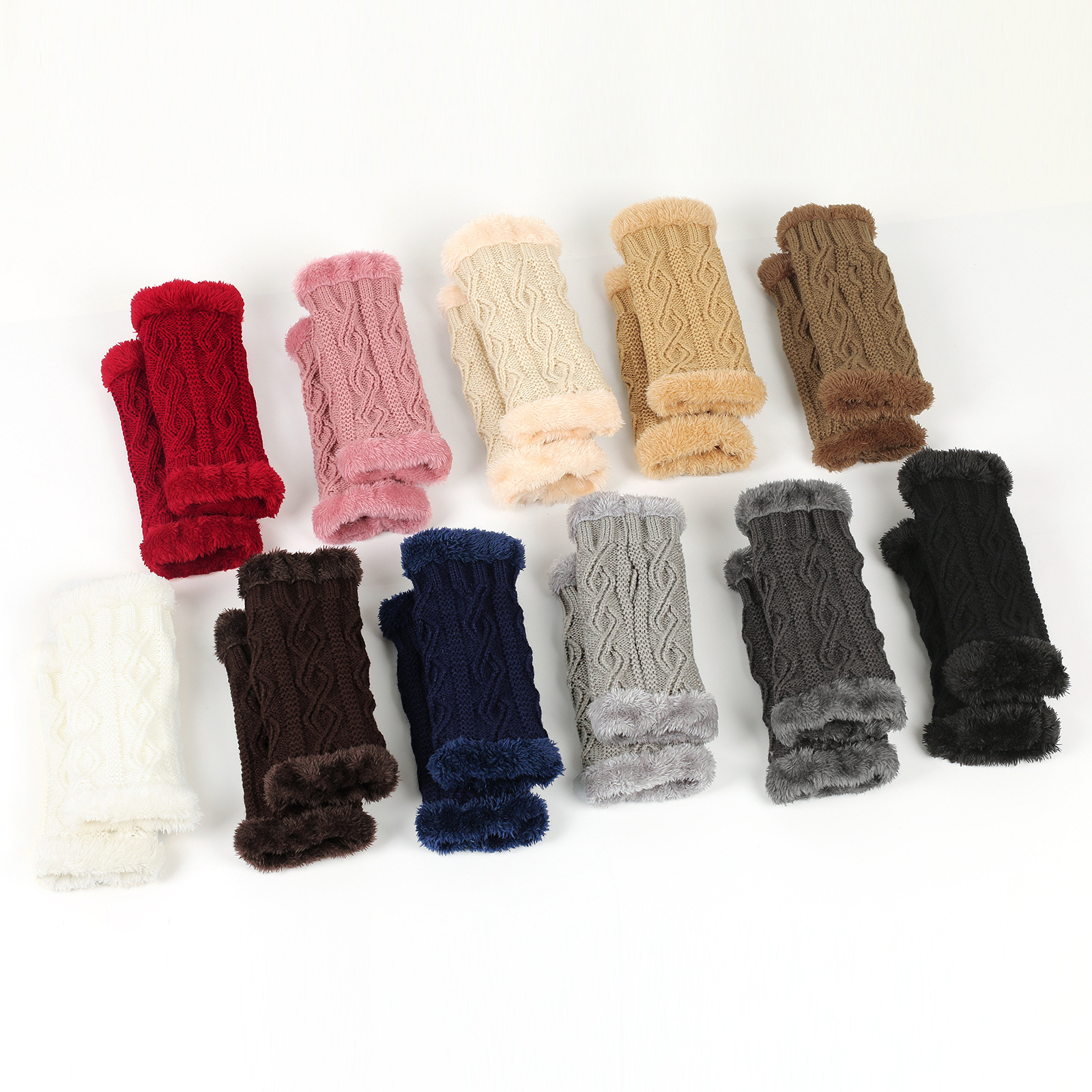 Plush And Thickened Gloves, Diamond Shaped Short Knitted Fingerless Plush Sleeves, Autumn And Winter Warm Plush Gloves_voghion.com