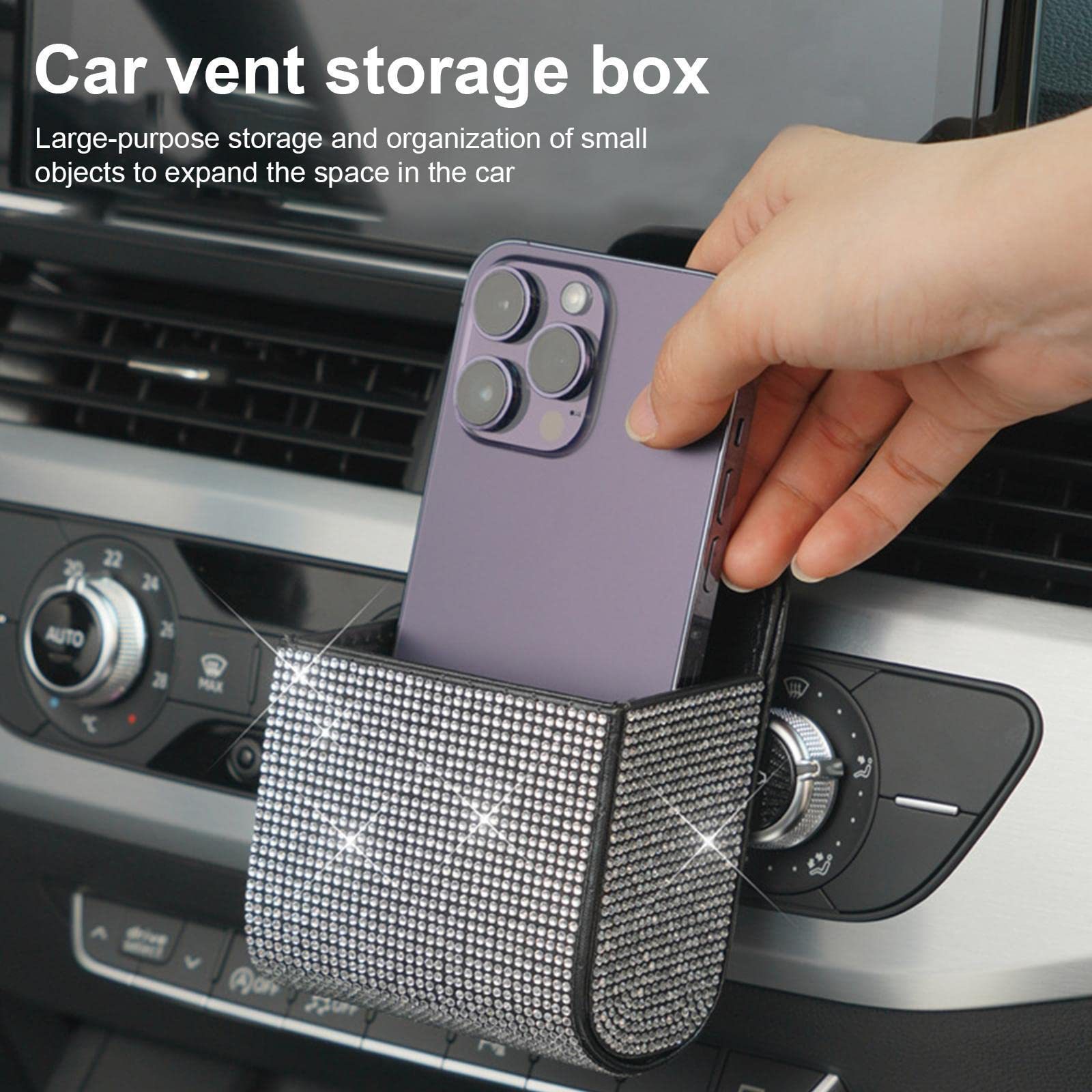 Car Diamond-Encrusted Document Storage Box, Car Air-Conditioning Vent Storage, Multi-Functional Leather Storage Bag with Diamonds