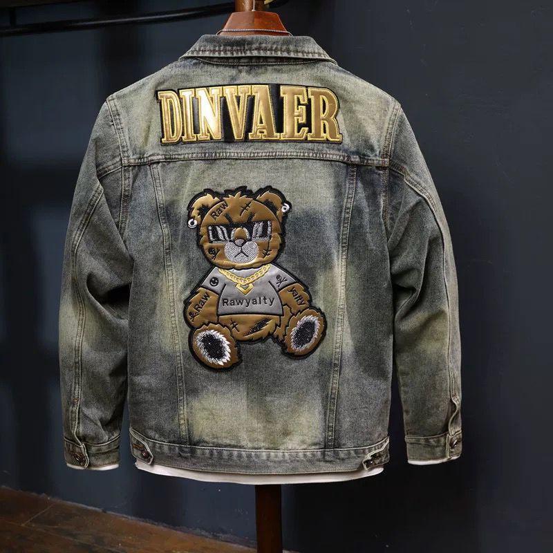 High Luxury Light Color Motorcycle Denim Jacket Men's Trendy Brand Distressed Retro Heavy Industry Jacket European Station Embroidered Jacket Japanese Style