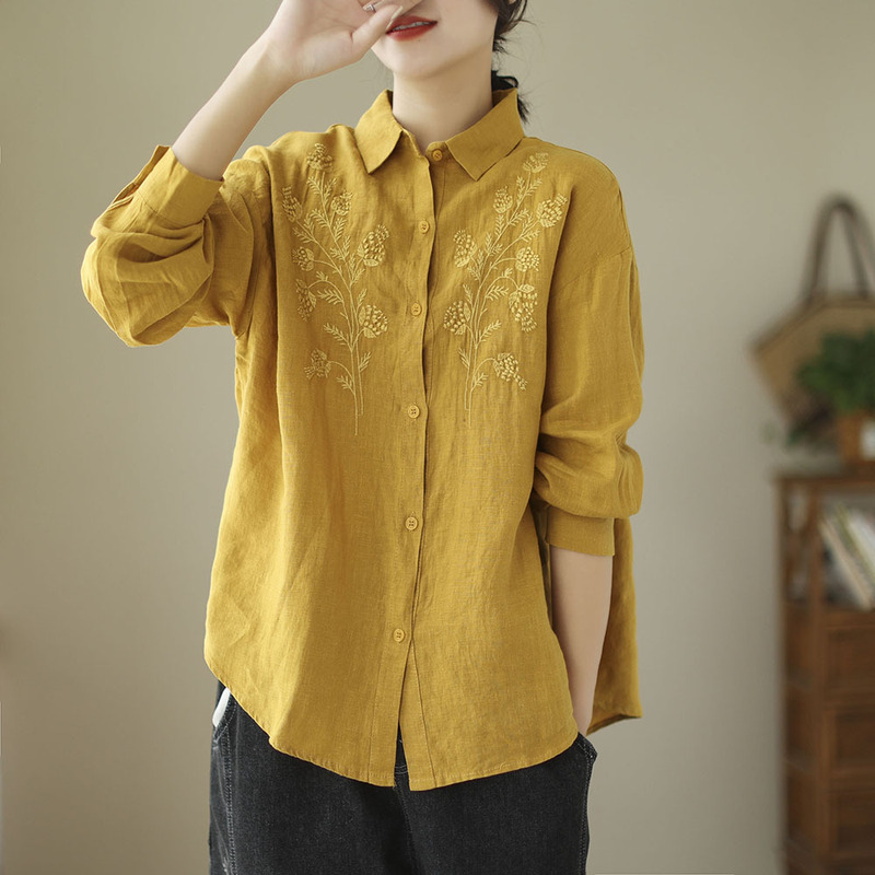Cotton Linen Long Sleeve Embroidered Shirt Women's 2024 Spring New Fashion Loose Slimming Comfortable Shirt Base Shirt