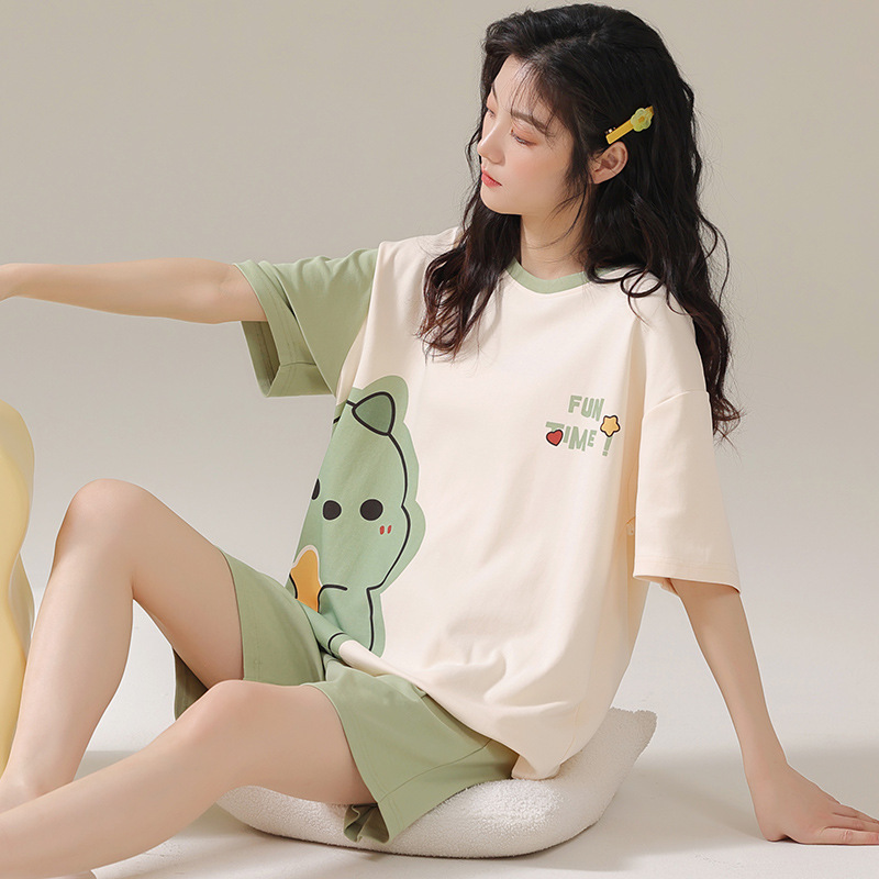 Girls' Short-Sleeved Shorts, Round-Neck Pajamas, Student Cartoon Dormitory Suits, Summer Wearable Home Clothes, Cute Style