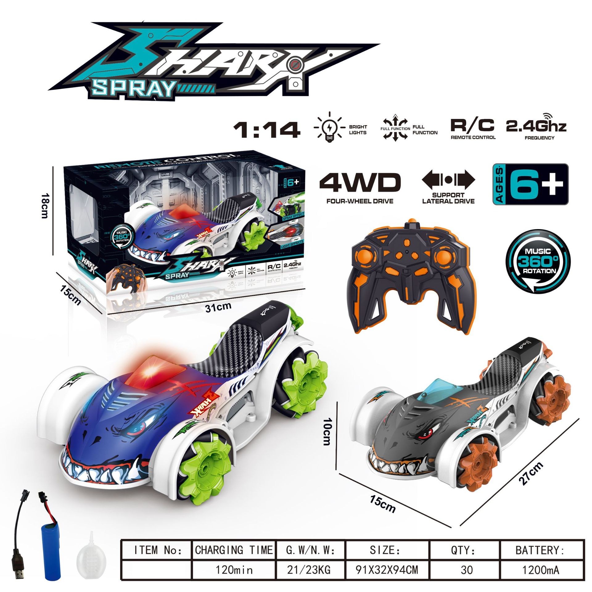 Transfronterizos Amazon Shark Truck Spray Coche de control remoto Coche de juguete Coche de deriva Coche inalámbrico Crossroad Coche de escalada