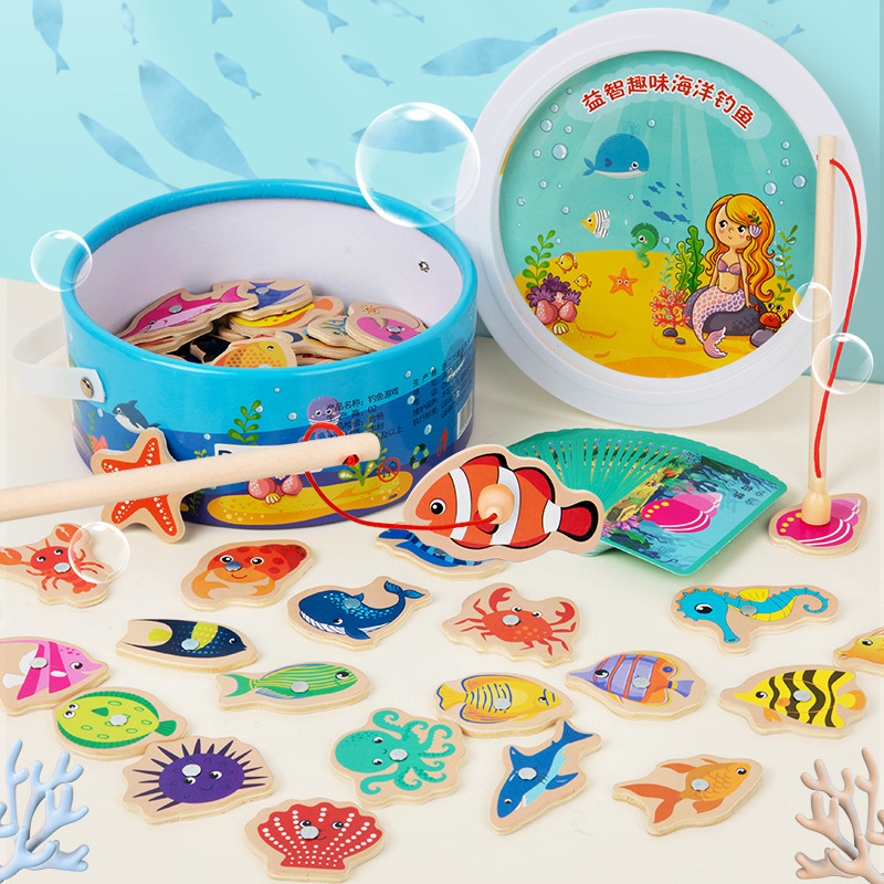 Juguetes de pesca marina Educación temprana para niños Rompecabezas de bebés magnéticos Niños y niñas de un año Rompecabezas de barril al por mayor