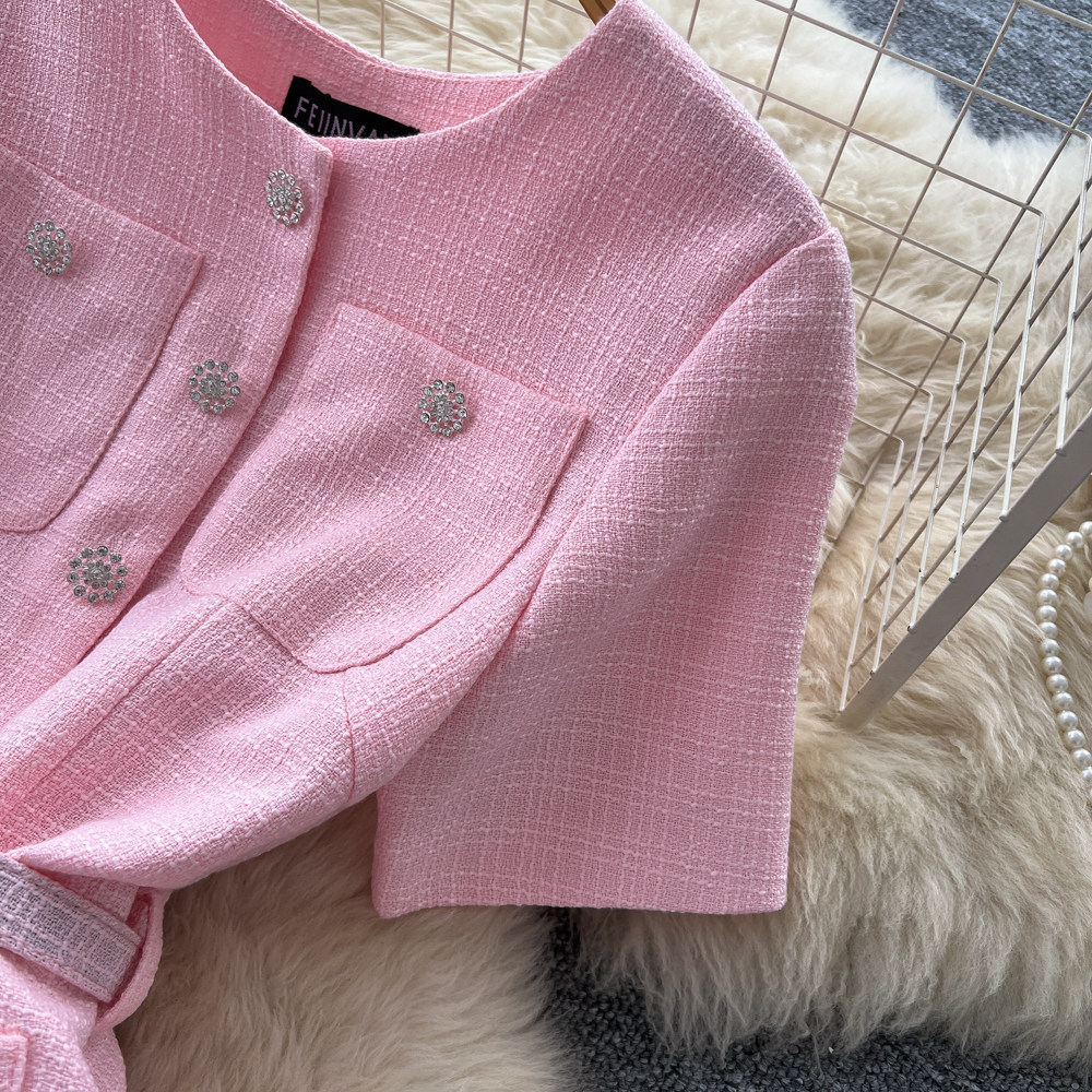 Inspired Pink A-Line Dress Short Sleeved High Waisted Fitted Long Skirt Luxurious Feel Women's Clothing_ecoleips.com
