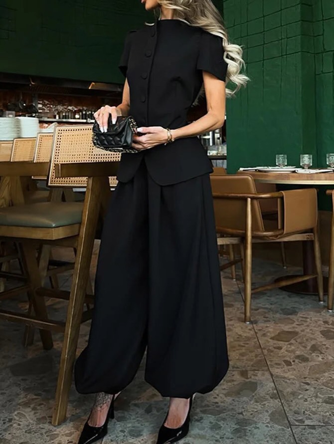 Elegant Women's Two-Piece Set: Blazer Style Jacket With High-Waisted Wide-Leg Trousers, Trendy Suit Outfit_ecoleips.com