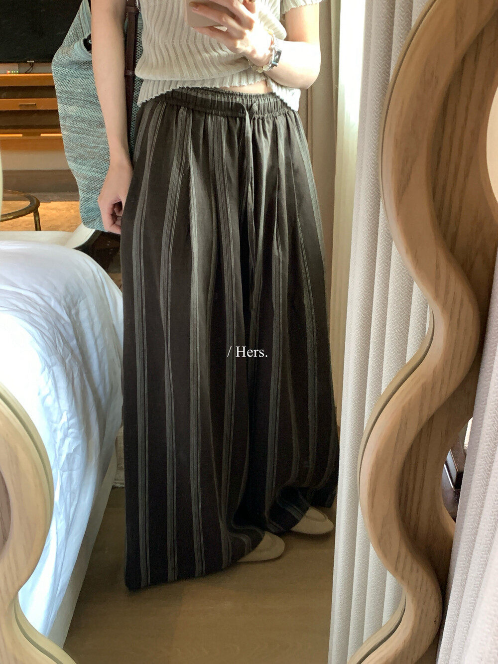 Quần culottes nữ ống rộng cạp cao chun rút dây sọc kẻ chất liệu ramie mùa hè — Màu cà phê, màu mơ chi tiết 11
