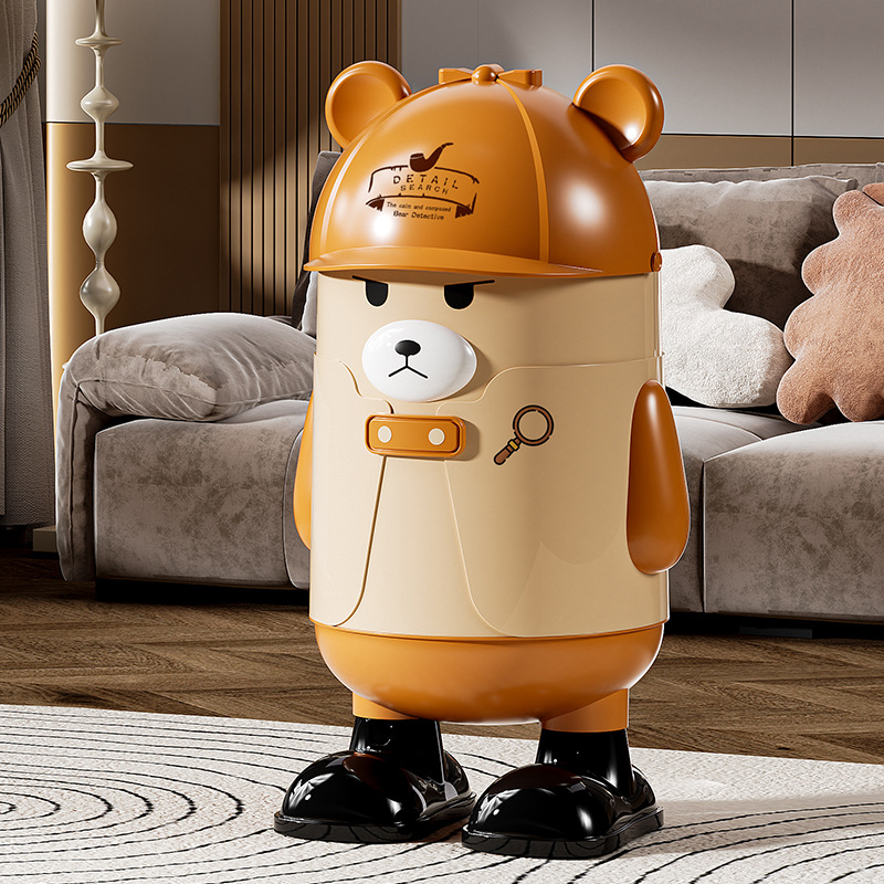 Bear Detective Flip-Top Trash Can Cute and Good-Looking Cartoon Garbage Storage Bin Kitchen Living Room Toilet Plastic Waste Basket