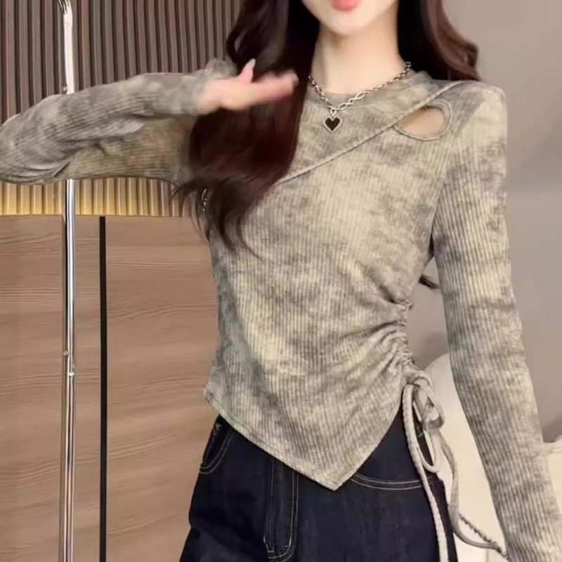 设计感小镂空扎染长袖针织衫女秋季大码胖mm修身显瘦洋气打底上衣|undefined