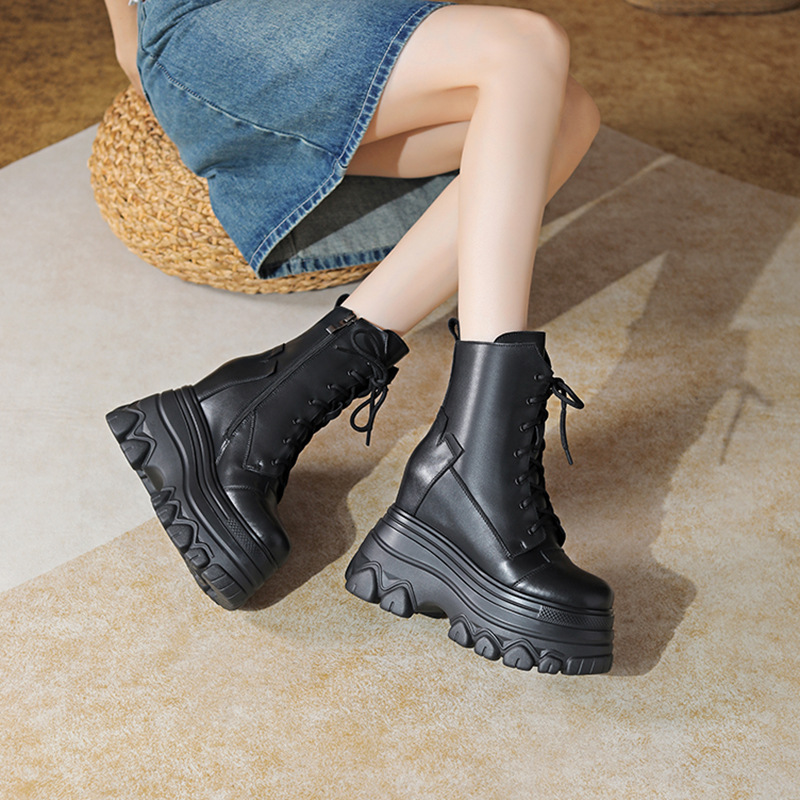Boot nữ da thật đế dày tăng chiều cao 12 cm dây buộc cổ thấp — Đen lót nhung