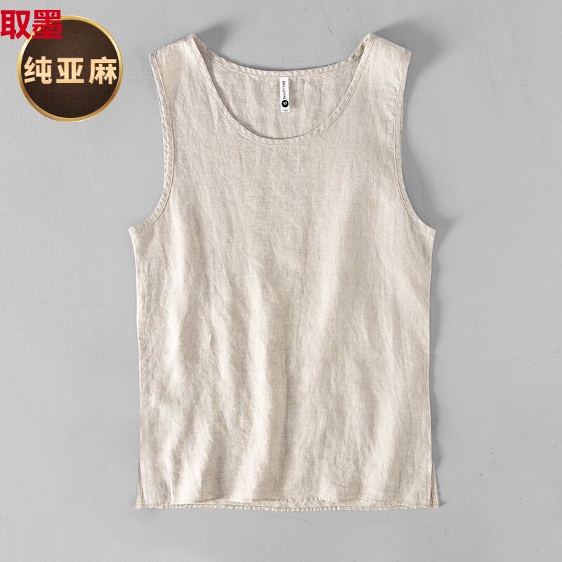 Men's Pure Linen Sleeveless Casual Vest Japanese Style Breathable Thin Loose Round Neck Sweater Simple All-match T-shirt