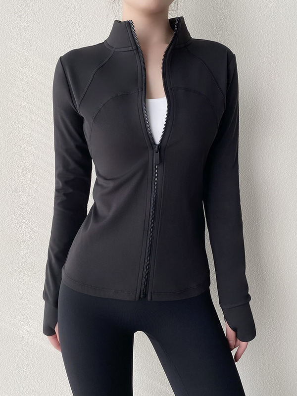 秋冬新款加绒加厚瑜伽服上衣女长袖修身显瘦立领拉链健身运动外套|undefined